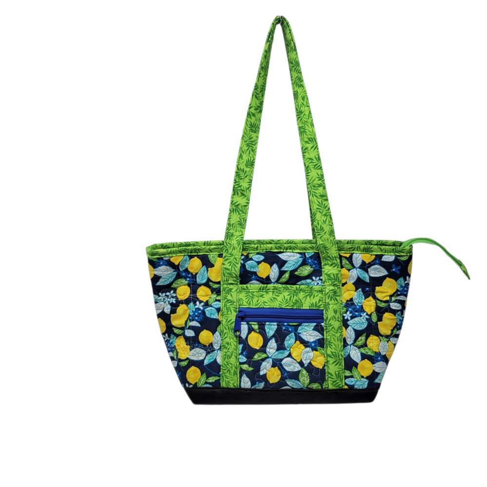 Lemon Print Cotton Hand-quilted Lined Tote Handbag Multicolor 10 x 8.75 x 6
